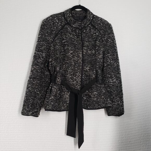 Sandro Sportswear Tweed Belted Boucle Jacket Womens XL Petite Black White Blazer - Picture 4 of 16
